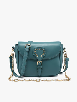 Ocean Blue vegan crossbody bag with studded heart flap and gold-tone chain strap