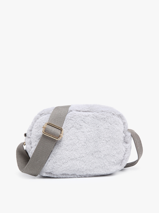 Grey faux fur belt bag with adjustable strap and gold-tone buckle detail