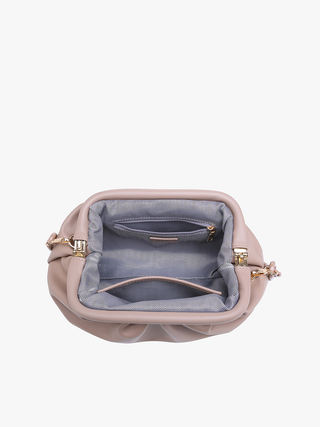 Taupe vegan pleated shoulder bag interior with zip pocket and patterned lining
