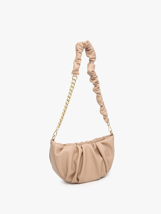 Sand ruched shoulder bag with gold chain strap and soft gathered front.