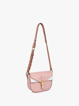 Melbourne vegan two-tone shoulder bag, pink and white, gold ring clasp, flap front.