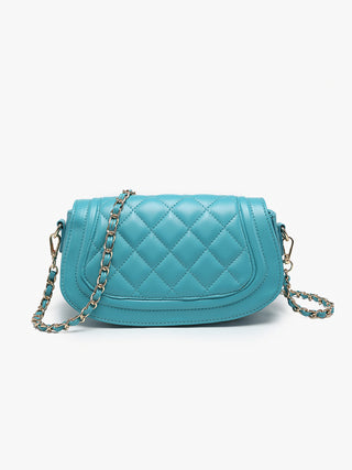 Turquoise quilted vegan crossbody bag with chain strap and stitched flap front.