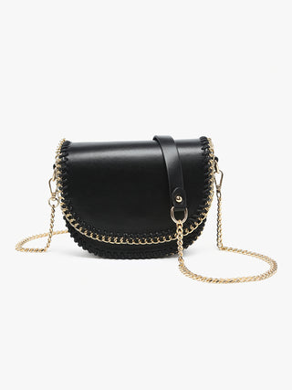 Black chain-trim crossbody with flap closure, gold hardware and shoulder chain
