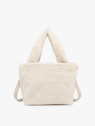 Off-white fuzzy vegan satchel with top handles and front flap detail
