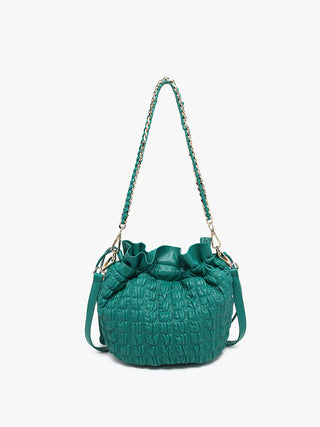 Emerald green ruched vegan bucket bag with gathered top and drawstring cord ends