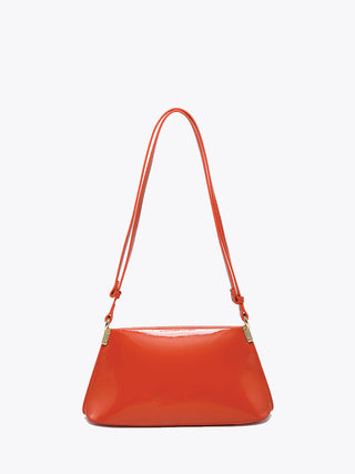 Flame red vegan shoulder bag, two long shoulder straps with gold-tone hardware