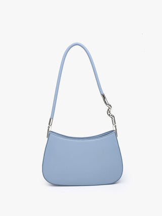 Dusty blue curved shoulder bag with chain strap and zip top, front view