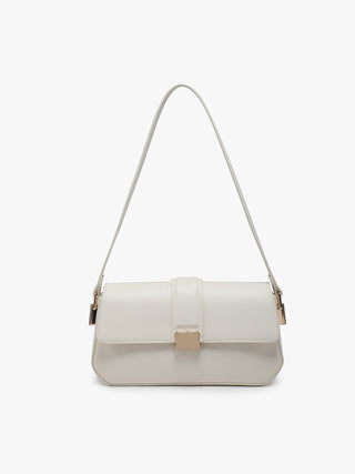Cream vegan shoulder bag with flap and center buckle clasp, side metal tabs