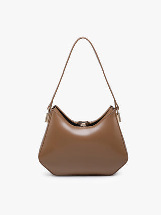 Incheon Vegan Shoulder Bag in chocolate brown, smooth vegan leather look with metal clasp