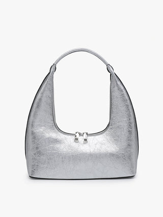 Atlanta vegan metallic shoulder bag, silver, oval top with clasp