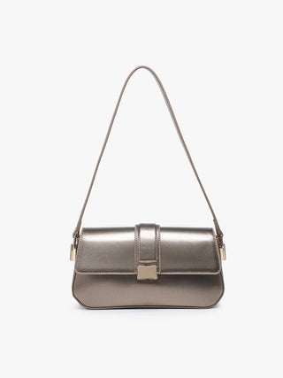 Dark taupe vegan shoulder bag with flap and center buckle clasp, wide front panel