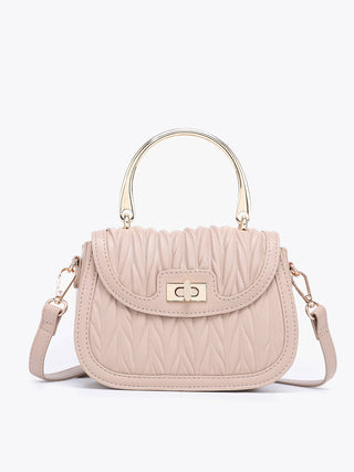 Taupe vegan textured satchel with gold-tone handles and front clasp