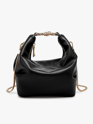 Belfast vegan mini satchel in black with gold chain top handle and braided shoulder strap