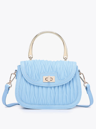 Baby Blue vegan textured satchel with rounded flap and gold-tone front clasp