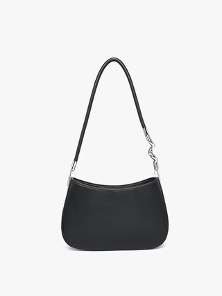 Black curved shoulder bag with curved shape, chain strap, and zip top