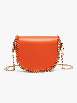 Orange crossbody bag front view with curved flap and dangling chain trim along the edge
