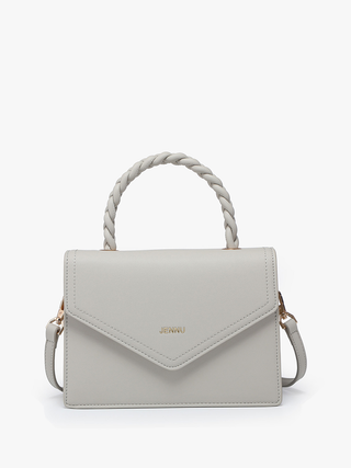 Light gray vegan braided crossbody bag with braided top handle and flap front, gold hardware