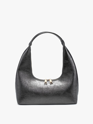 Gunmetal metallic shoulder bag, curved opening and gold-tone clasp