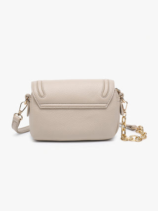 Casablanca vegan push-lock crossbody in Taupe, side view with chain strap and buckle detail