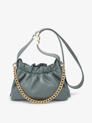 Ruched vegan bucket bag in dark grey with gold chain strap and ruched top