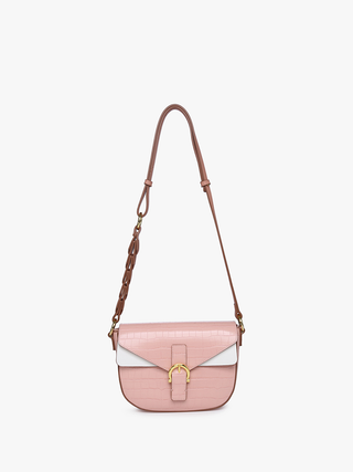 Pink and white two-tone vegan shoulder bag, chain handle, center lock flap front.