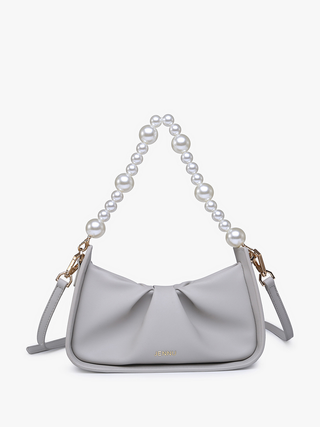 Light grey Ibiza vegan pearl shoulder bag with pearl handle, bow front, and gold-tone hardware.