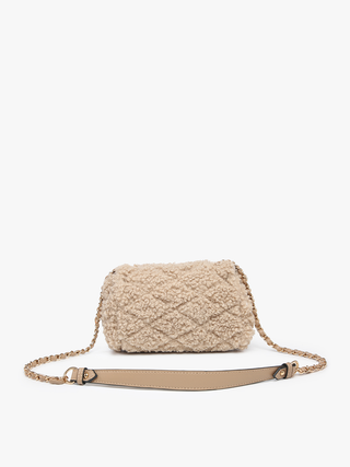 Tan sherpa crossbody with adjustable strap and gold hardware, front-facing view
