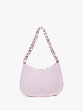 Light pink curved shoulder bag with chunky chain strap and rounded hobo shape