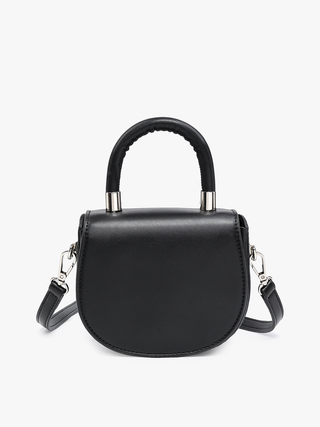 Vegan mini saddle bag in black with gold-tone top handle and crossbody straps.