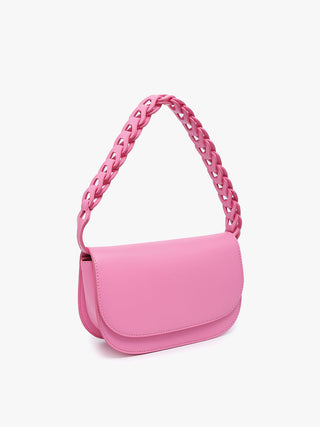 Tripoli vegan shoulder bag, bubblegum pink, side view with curved flap and chain strap