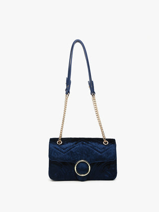 Blue velvet crossbody bag with chain strap and circular ring front closure