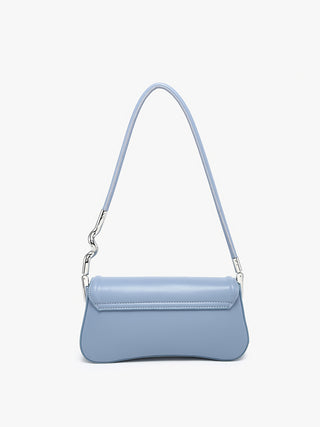 Toronto vegan curved shoulder bag, dusty blue with front flap and stitched top edge
