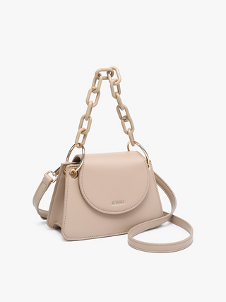 Light beige vegan satchel with top flap and chunky chain strap, gold hardware