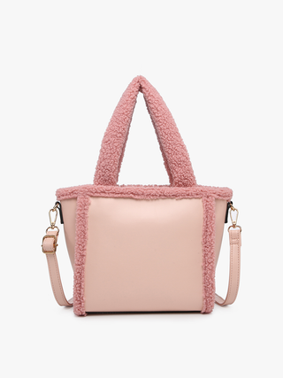 Helsinki vegan sherpa trim satchel in pink with top handles and crossbody strap
