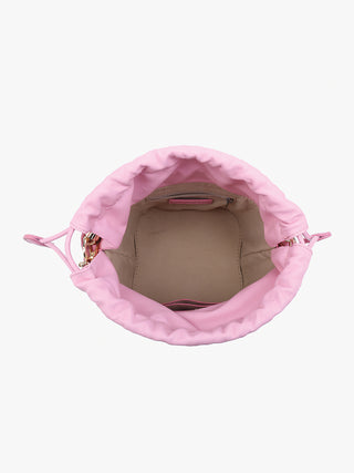 Bubblegum pink bucket bag interior, ruched drawstring top and beige fabric lining