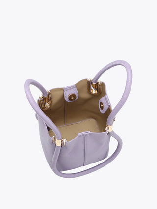 Periwinkle bucket bag interior view with open top and snap closure
