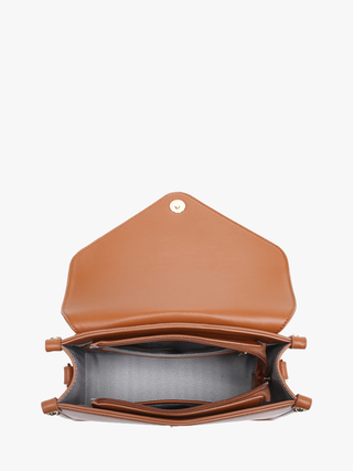 Lagos vegan envelope crossbody bag, open top showing interior and zipper closure in tan