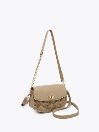 Taupe textured crossbody with gold chain, adjustable strap, and front flap