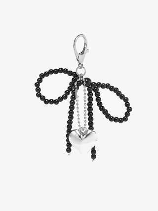 Beaded black bead charm with heart pendant and hanging tassels
