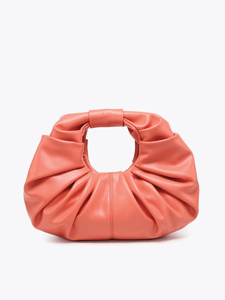 Peach vegan satchel with ruched top ring handle and gathered body