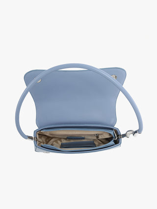 Toronto vegan curved shoulder bag, dusty blue interior open with zipper pocket view