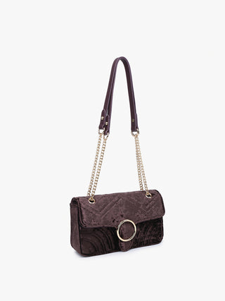 Wine velvet crossbody bag with long shoulder handles, chain strap, and ring clasp