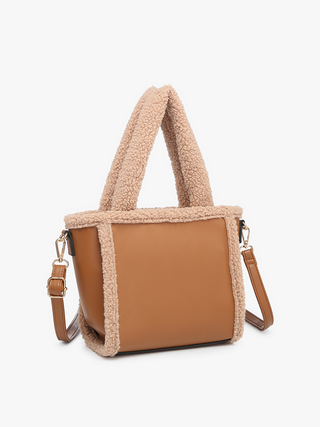 Helsinki vegan sherpa trim satchel, tan/brown body with tan sherpa trim and side straps