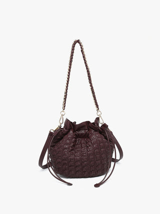 Sangria (dark red) ruched bucket bag with chain strap and drawstring cord ties
