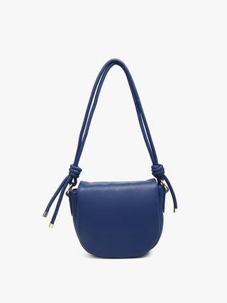 Midnight blue shoulder bag with smooth half-moon front and twisted rope-style shoulder straps