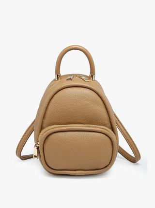 Valencia Vegan Backpack taupe mini backpack with front zip pocket, gold hardware