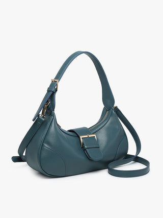 Vegan buckle shoulder bag in steel blue with top handle, crossbody strap, and gold hardware