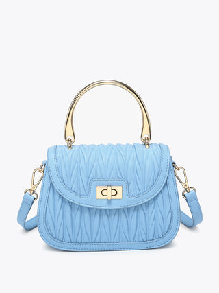 Baby Blue vegan textured satchel with gold-tone handles and front clasp