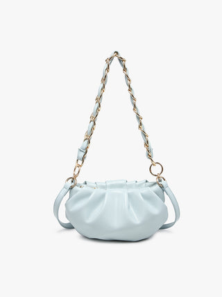 Light blue gathered shoulder bag with chain handles and dual shoulder straps