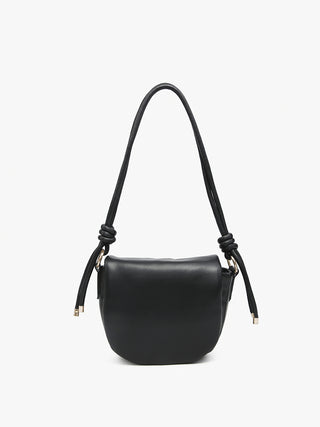 Black vegan shoulder bag, smooth half-moon shape with twisted rope-style handles